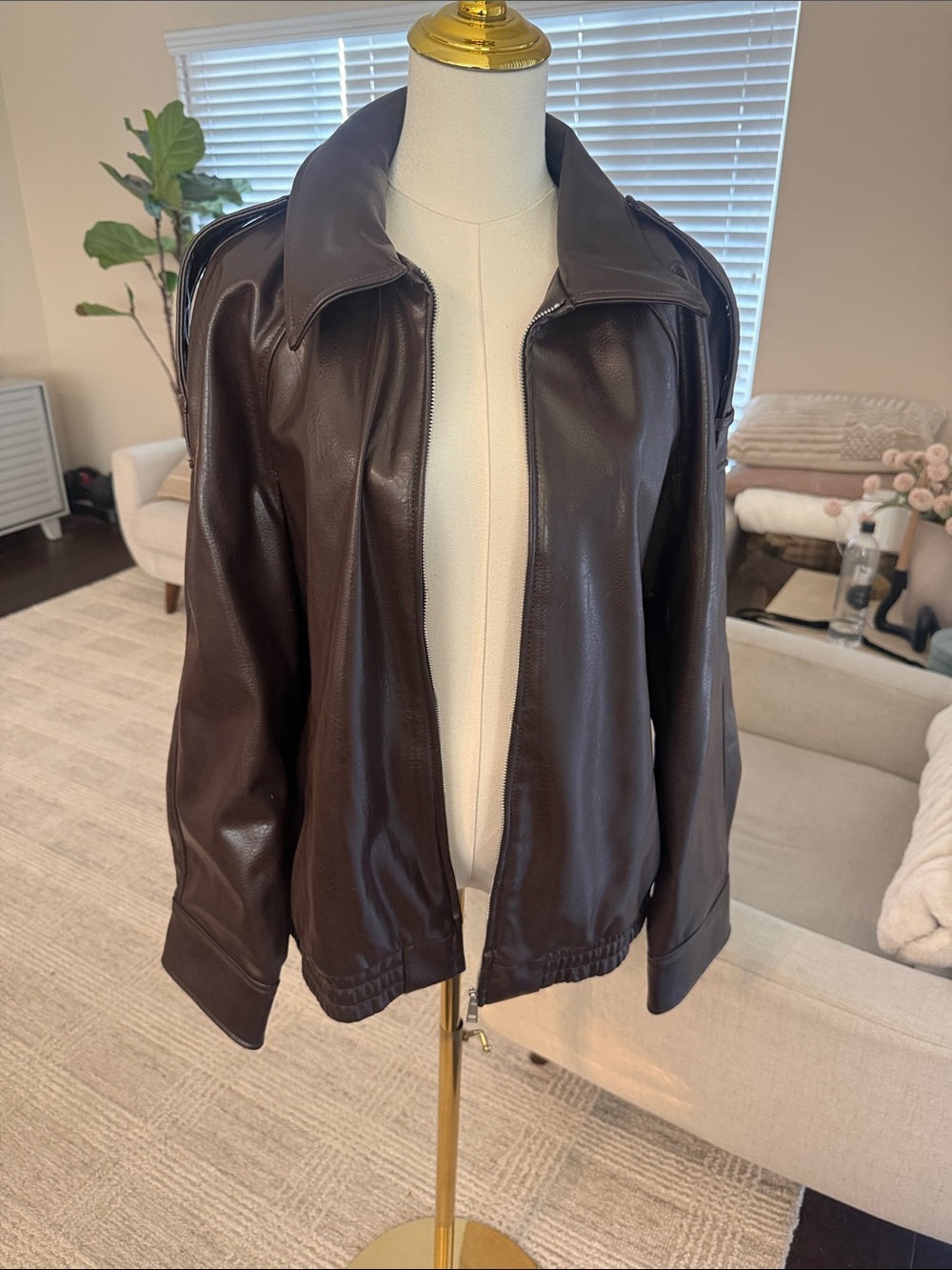 Zara Women's Dark Brown Leather Zip-Front Jacket